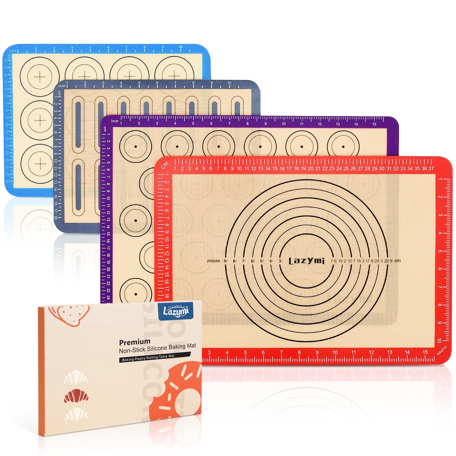 4 Piece Set Silicone NonStick Baking Mats Sheet with Measurement-Resuable Non-Slip Tray Liners, Pastry/Macaron/Cake/Cookie/Bread Making, Fit for Table Mat Counter Mat (Red, Purple, Blue, Grey)