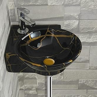 REMANENCE Wall Mounted Wash Basin for Bathroom | Ceramic Wash Basin Wall Hung Small Corner Wash Basin/Sink (16.3 x 13.8 x 4.3 Inch) (Black Gold Jelly)