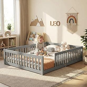 Queen Floor Bed with Safety Guardrails for Kids, Rubber Wood Montessori Bed with Slats and Convertible Door,Queen Size Bed Frame for Girls and Boys,No Box Spring Needed,Grey