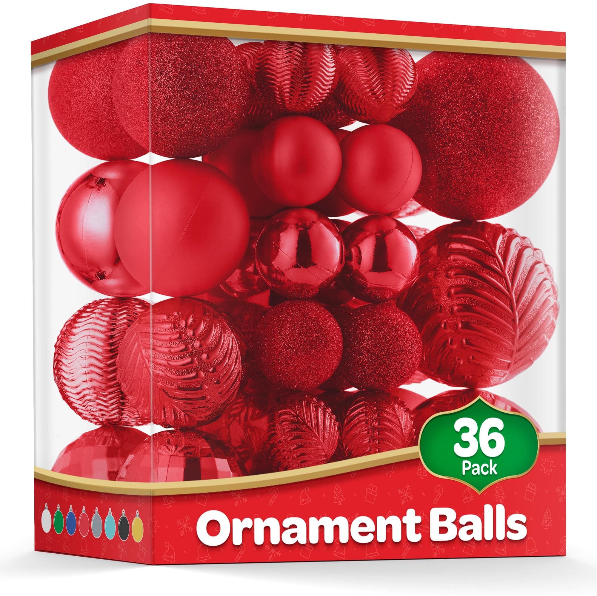 Christmas Ornaments Set - 36 Beautiful Red Tree Decorations - 6 Styles - Shatterproof, Pre-Strung - Holiday/Party Decorations