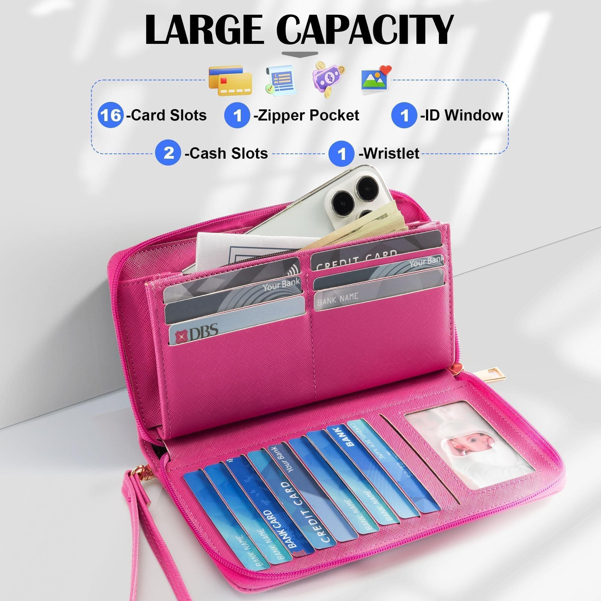 Chelmon Large Capacity Womens Wallet Genuine Leather RFID Blocking Purse Credit Card Clutch, CH Rose Red, one size, Minimalist