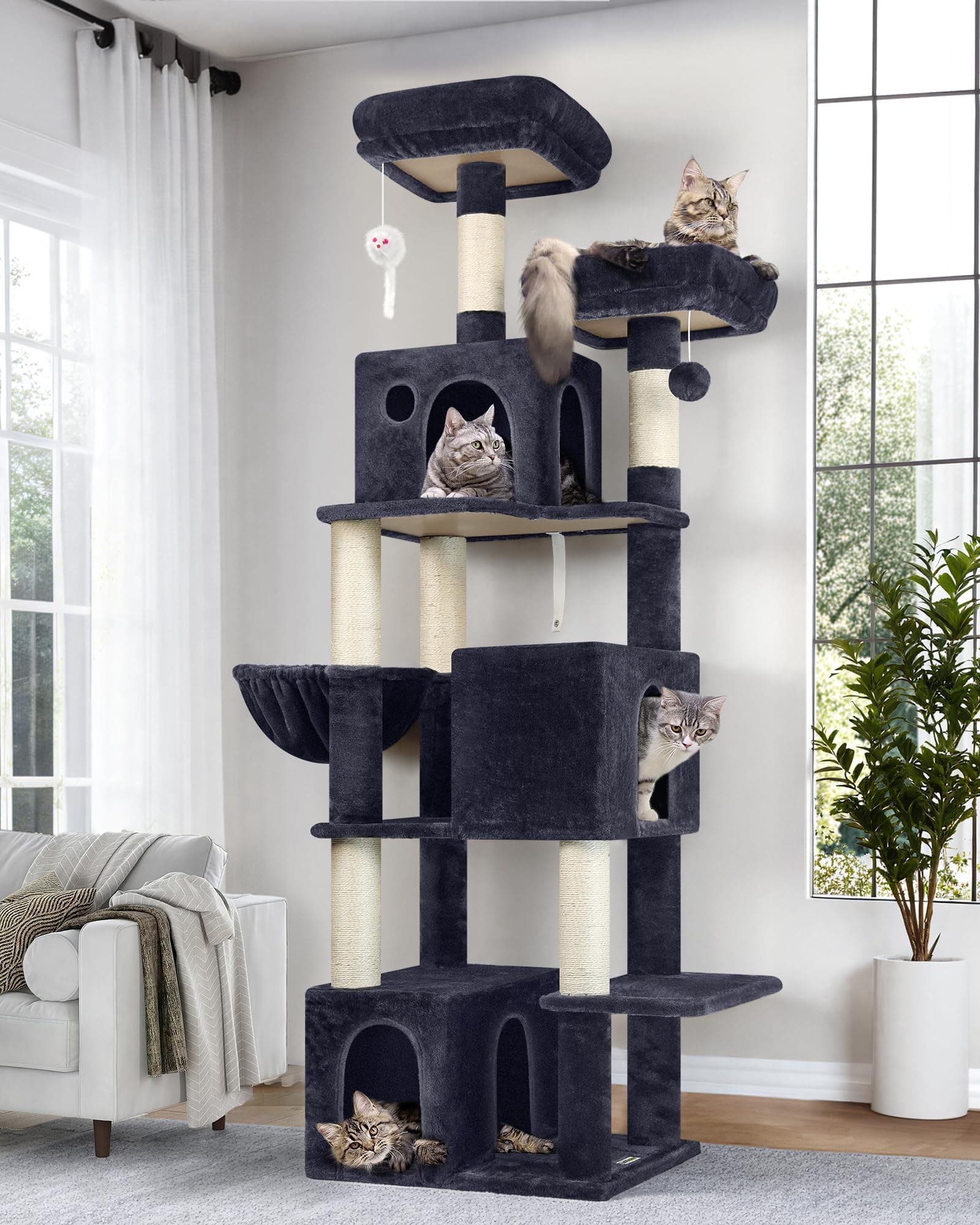 Globlazer Cat Tree Tall, 71 inches Cat Tower for Indoor Adult Cats Multi-Level 3 Condos for Indoor Cats XL Cat Tree Tower with Scratching Posts, Soft Extra Large Hanging Basket, F71, Dark Gray
