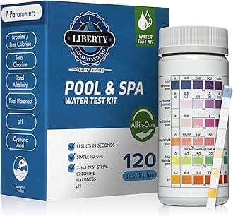 Liberty Gold Standard© Water Test Strips (121-Piece Kit) Testing for Pools & Spas, Hot Tubs - Test Chlorine, pH, Hard Water Hardness Test, Cyanuric Acid, Alkalinity, Bromine (Pool Spa Test Kit)