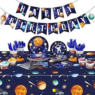 Outer Space Birthday Party Supplies Serve 24 Space Party Tableware Set, Happy Birthday Banner Solar System Tablecloth Paper Plates Cups Napkins Knives Forks Spoons for Solar Theme Activities Decor