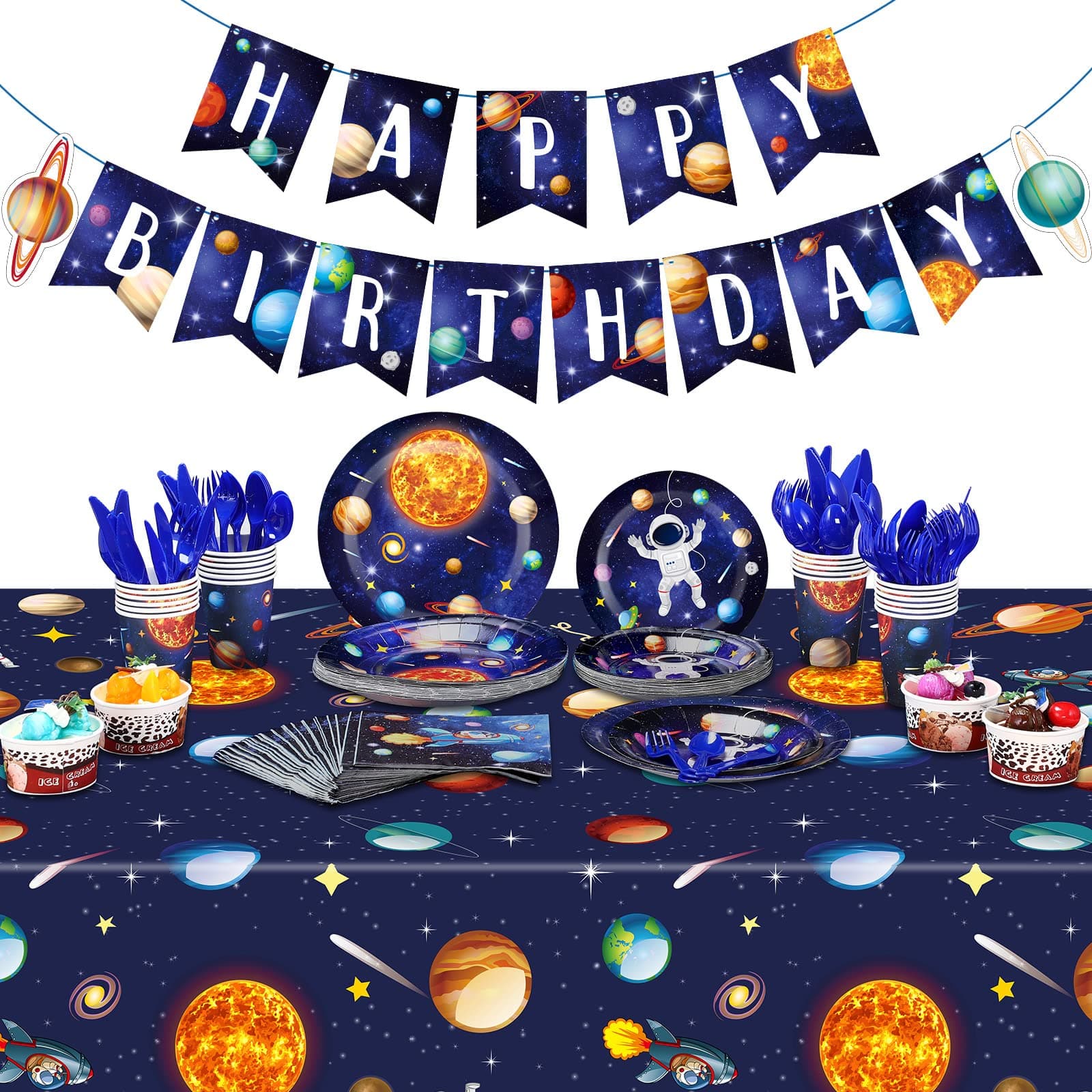 Outer Space Birthday Party Supplies Serve 24 Space Party Tableware Set, Happy Birthday Banner Solar System Tablecloth Paper Plates Cups Napkins Knives Forks Spoons for Solar Theme Activities Decor