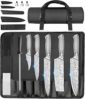 MOSFiATA Knife Set, Portable Sharp Knives, 10 Pcs Stainless Steel High Carbon Professional Knife Set with Bayonet, Blade Roll Bag Sharpener, Suitable for Home Kitchen, Outdoor Travel, Camping and