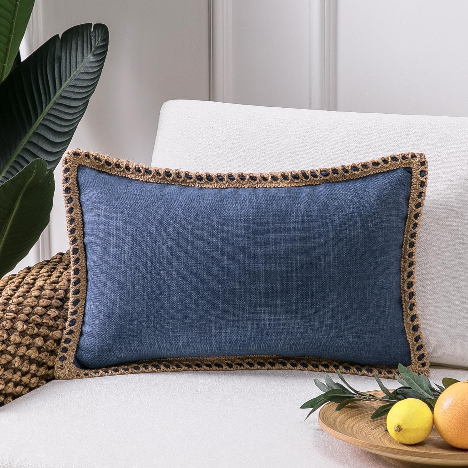 Phantoscope Farmhouse Solid Throw Decorative Pillow Cover Burlap Linen Trimmed Tailored Edges Outdoor Pillow Navy Blue 12 x 20 inches, 30 x 50 cm