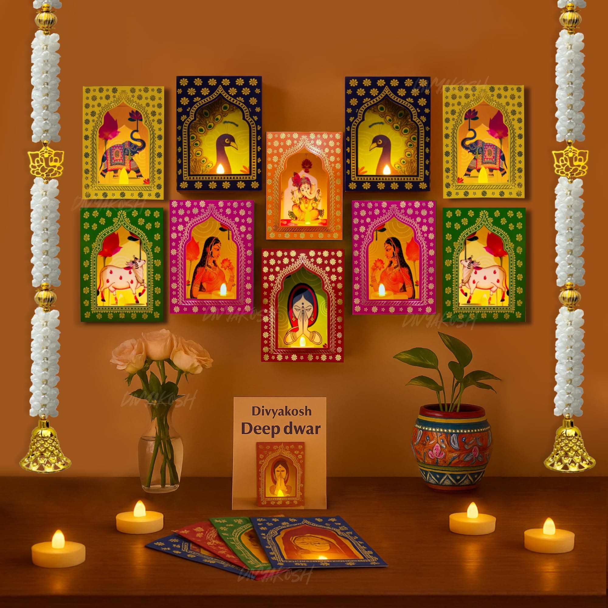 Divyakosh Deep Dwar (Pack of 12) with LED Candles and Mogra Hangings - 2 Pcs, Jharokha Style Wall & Home Decor for Diwali Decoration, Festive Decor, Wall Decor