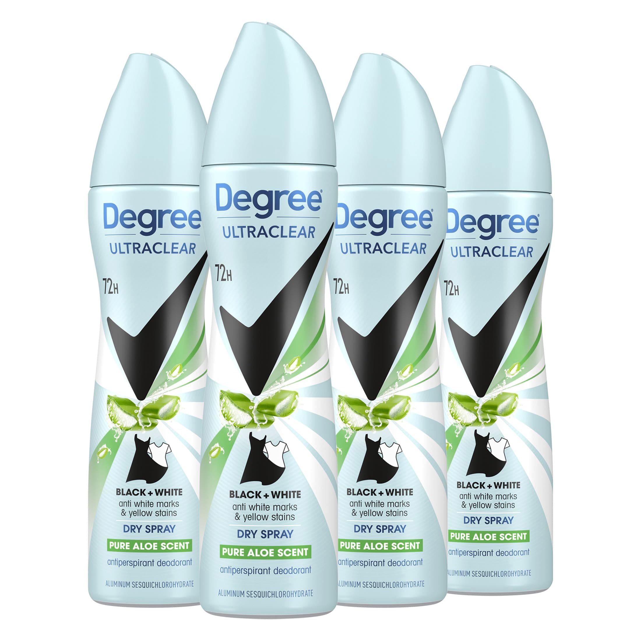 UltraClear Antiperspirant Deodorant Dry Spray 4 pack for 72h Nonstop Sweat Protection For Women Pure Aloe Scent Anti White Marks And Yellow Stains 3.8 Oz