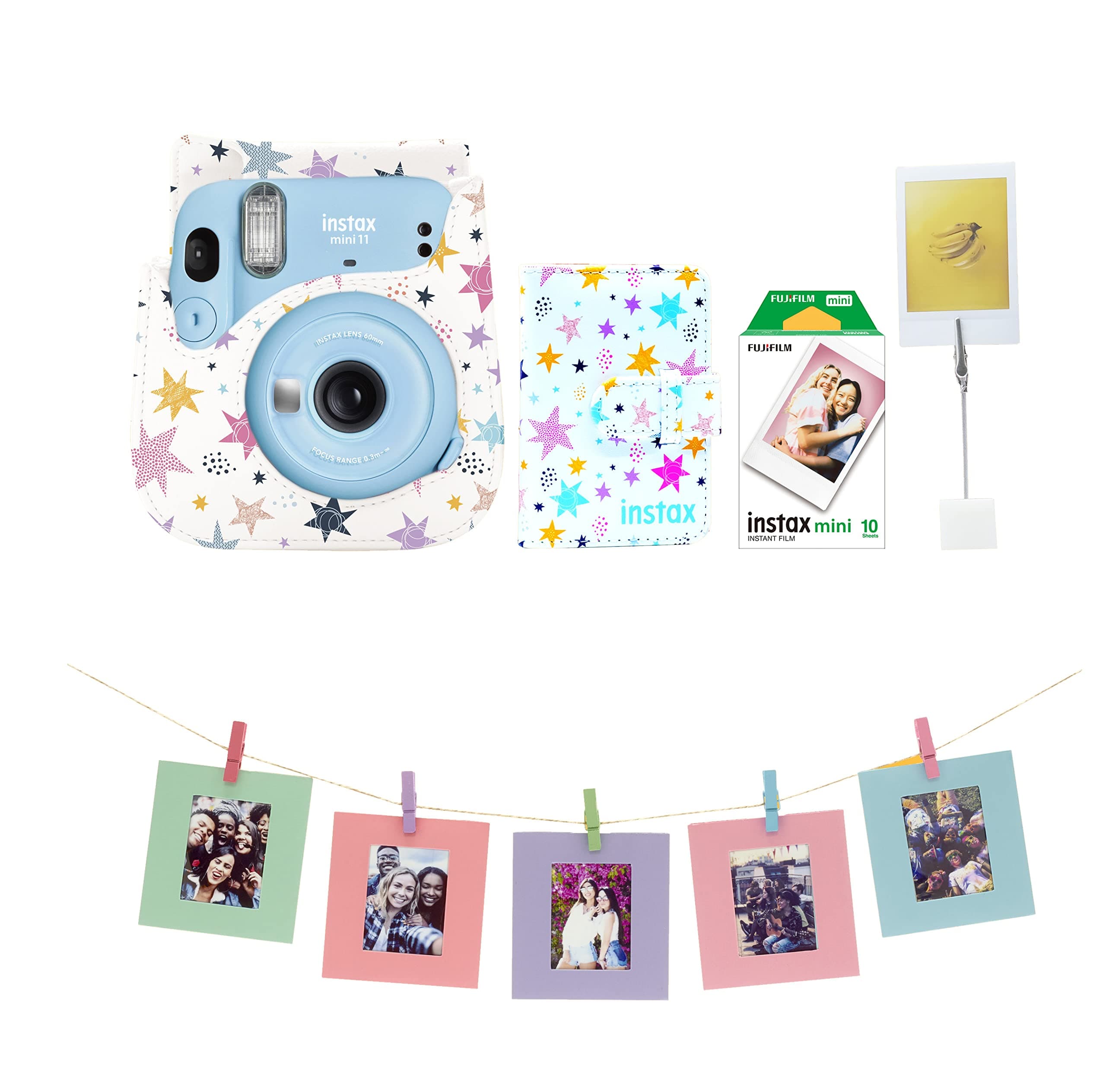Fujifilm Instax Mini 11 Instant Camera Sky Blue VALUE PACK, ( 1 Mini 11, 10 Pack Film, 1 Mill 11 Case, 1 Photo Album, 1 Photo Stand, 1 Photo Pegs, 3 Wash Tape, 1 Outter Box )