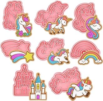 Suclain 8 Pcs Unicorn Cookie Cutters with Plunger Stamps Set Unicorn Shape Embossing Cookie Stamp Pink Animal Unicorn Cracker Mold 3D Cookie Stamped Embossed Kitchen Bakeware Tool for Party Supply