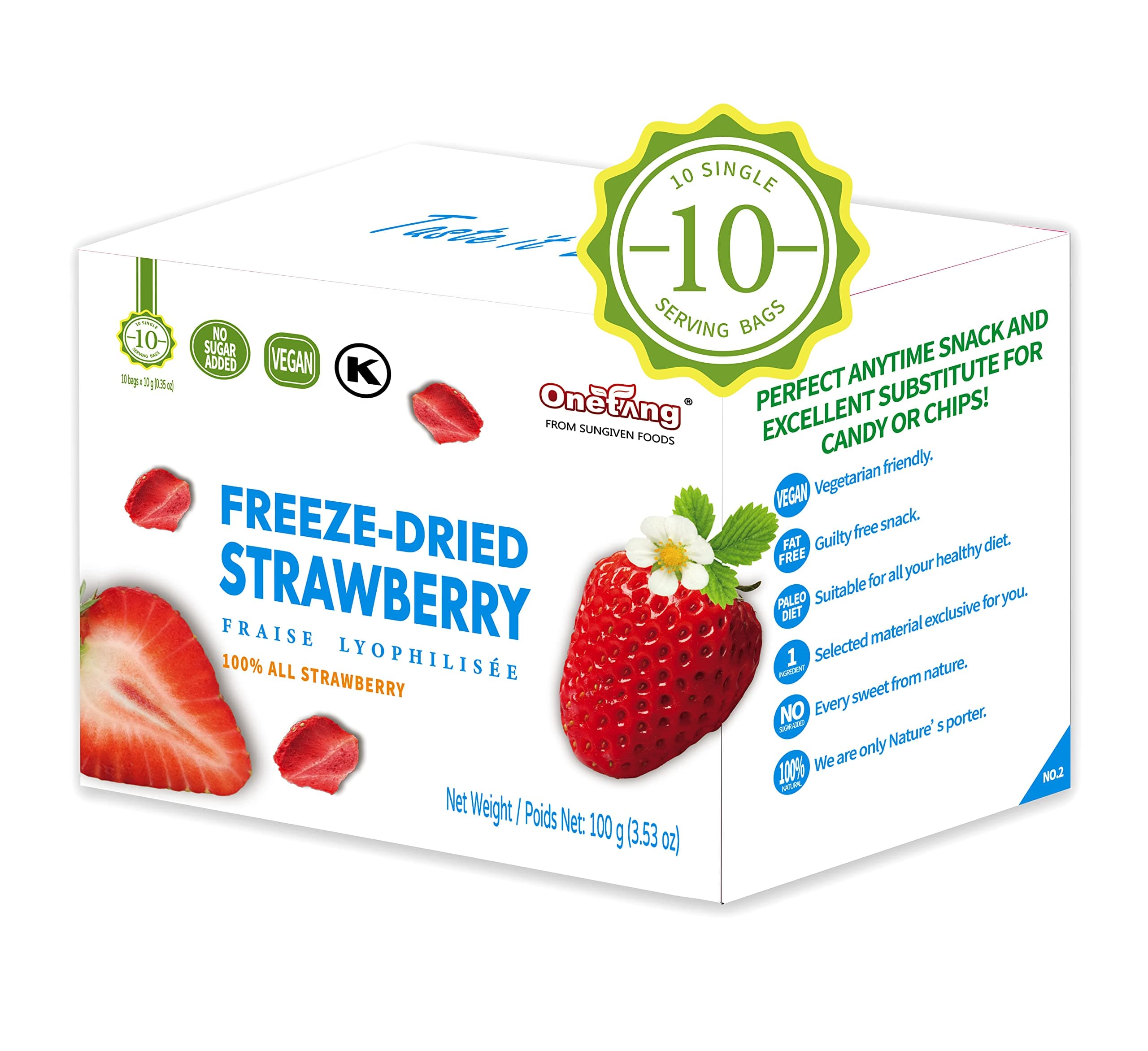 Freeze-Dried Fruit Strawberry, 10 Pack Single-Serve Pack, Non GMO, Kosher, No Add Sugar, Gluten free, Vegan, Holiday Gifts, Healthy Snack 0.35 Ounce