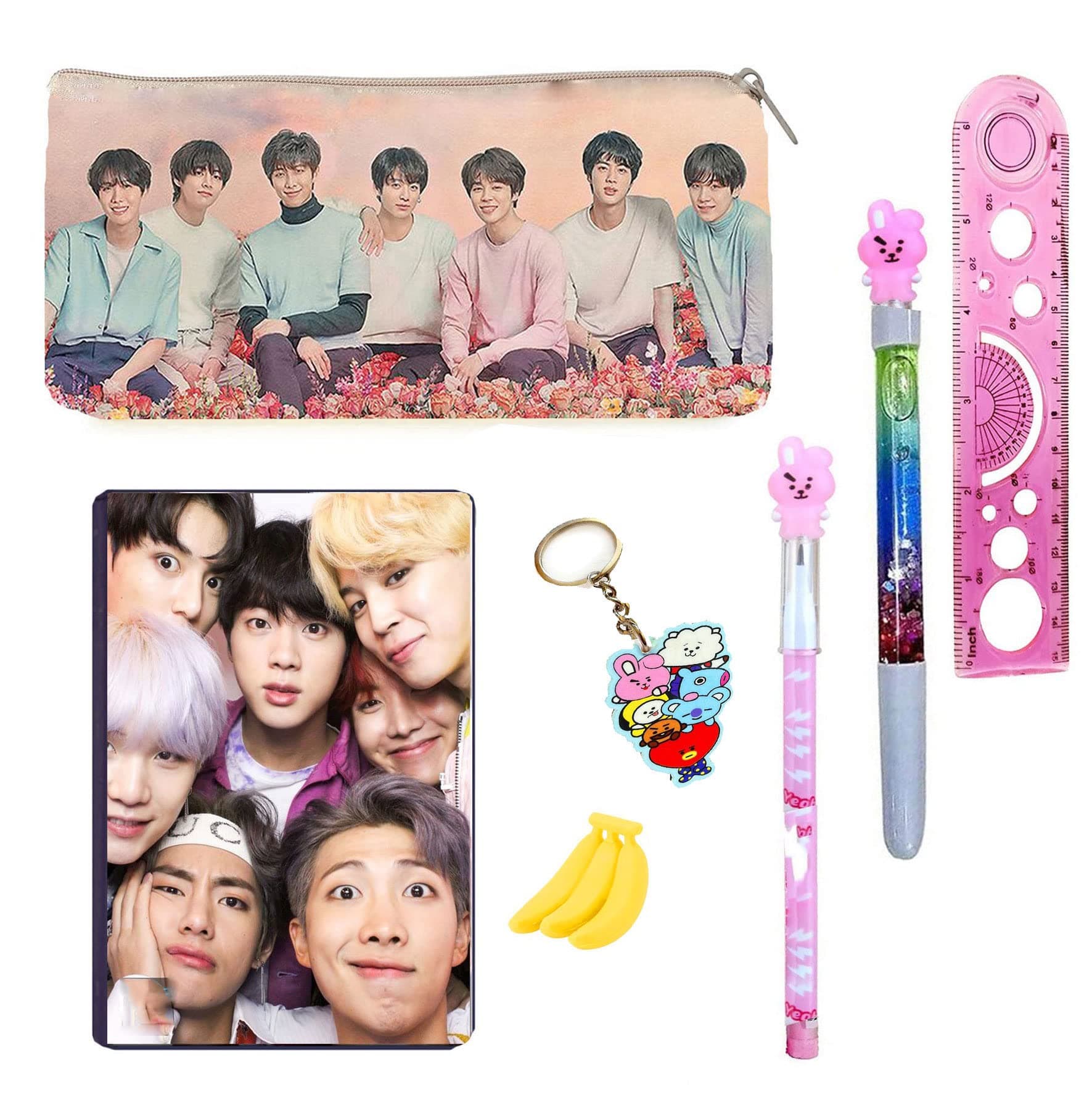 Neel® 7Ps BTS BT-21 Collection School Stationery Gift Set for Kids 1 BTS, A6 (80 Pages) Diary, 1 Pencil Case Pouch for Kids, 1 BT-21 Pen,1 Pencil, 1 Key Chain, 1 Ruler return gift (Flower, Pink)