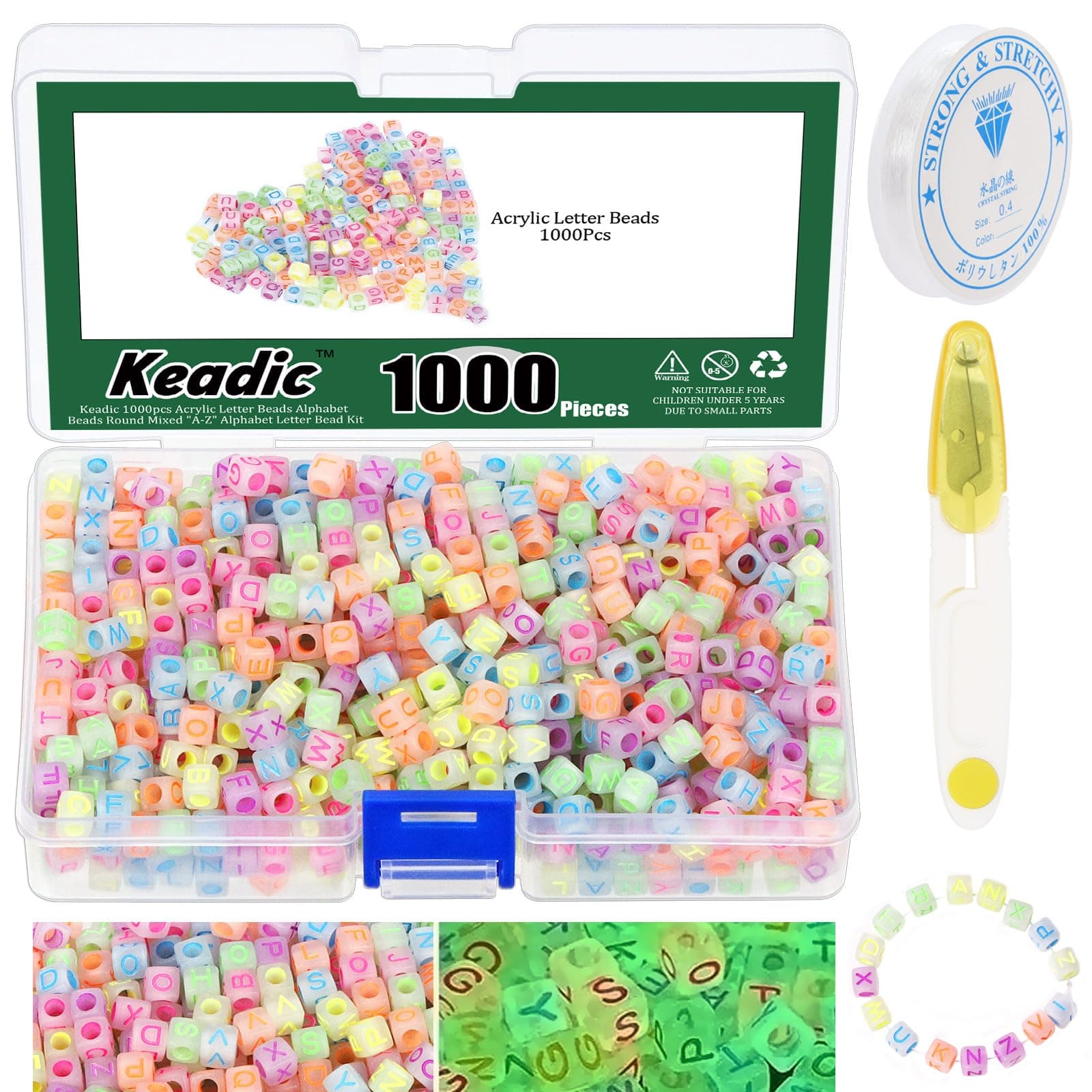 – Keadic 1002Pcs Glow in The Dark Letter Beads Assortment Set, 6×6mm Square Acrylic Glow Alphabet Beads with Crystal String and Cutter for Bracelets Necklace Jewelry Making
