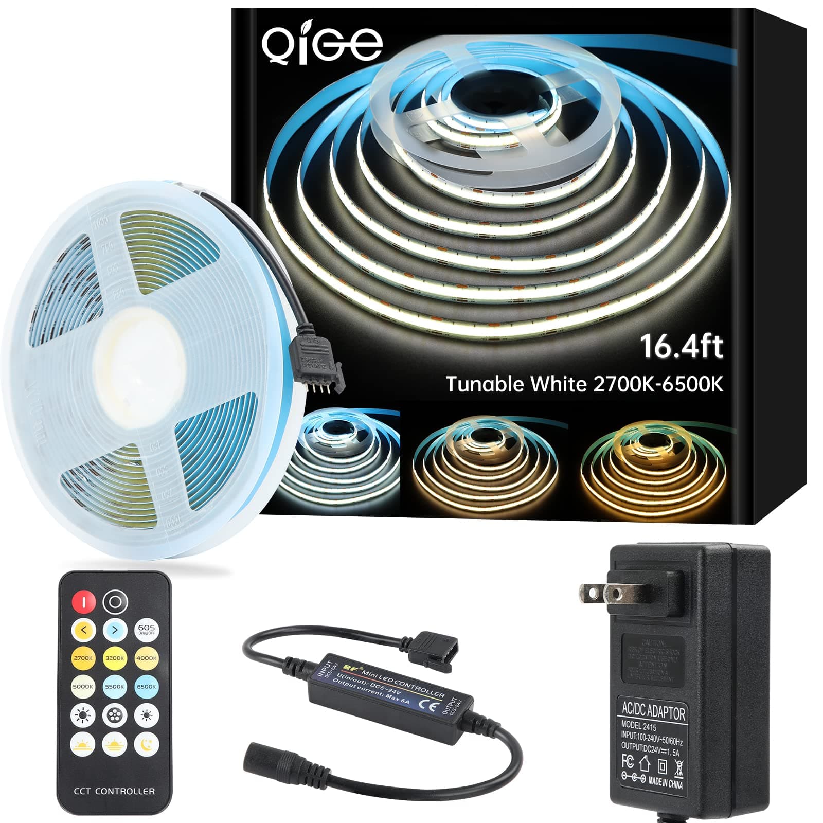 COB LED Strip Light 2700K-6500K CCT Tunable White CRI90+ 16.4ft Super Bright Dimmable 24V LED Tape Lights with RF Remote,for Under Cabinets Bedroom Kitchen TV Mirror DIY Lighting