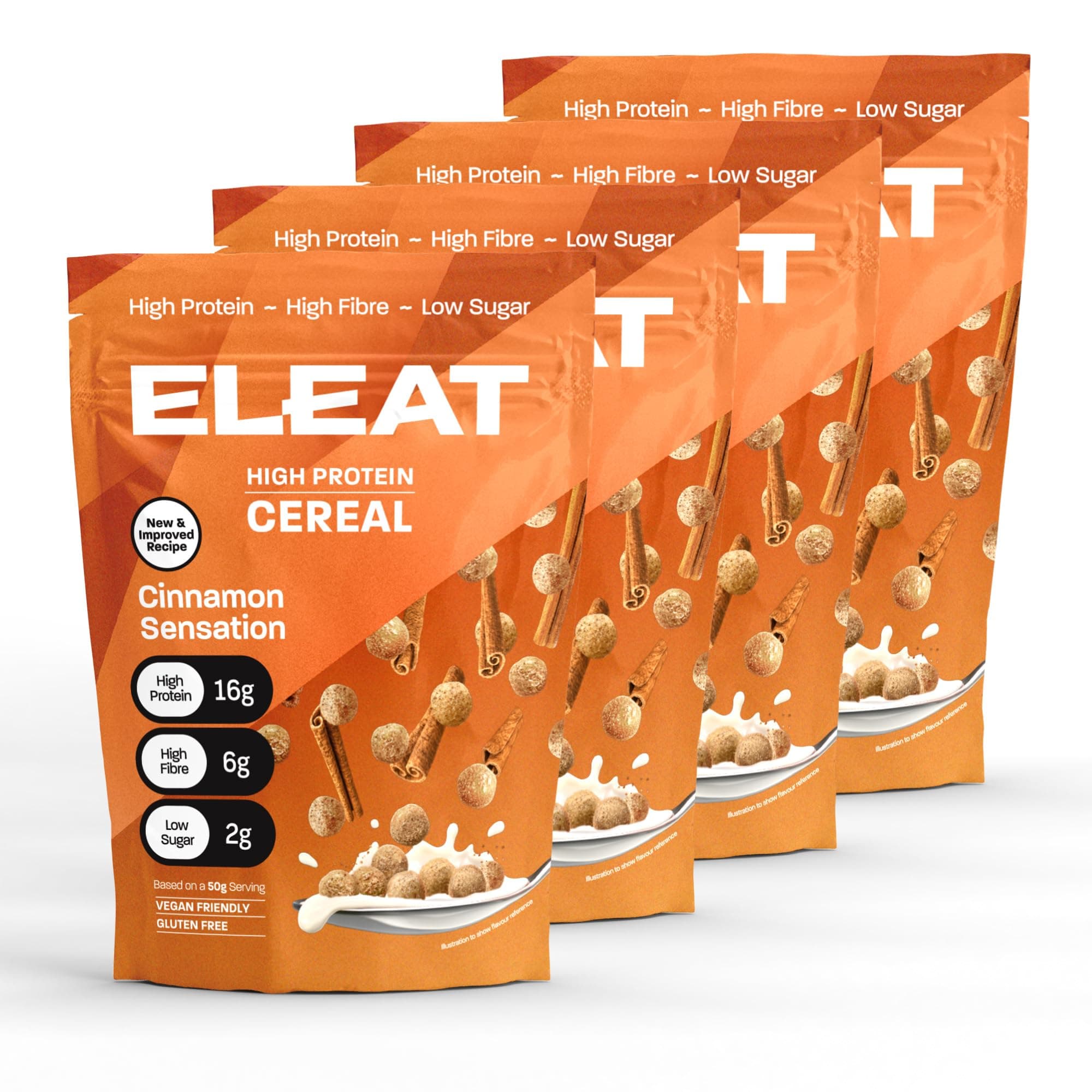 ELEAT Protein Cereal Multi-Pack 4 x 250g Pouches - Cinnamon Sensation Healthy Cereal, Pre & Post Workout High Fibre with Good Bacteria Amino Acids Low Sugar, Vegan, Gluten-Free, Pack of 1