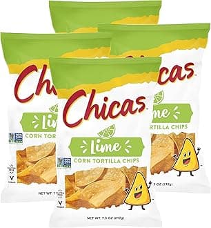 Chicas Tortilla Chips, White Corn Tortilla Chips Lime, Gluten Free, Vegan, Non-GMO, For Dips, Spreads & More, 7.5 Ounce Bag (Pack of 4)