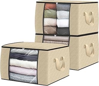 3 Pack Clothes Storage, Foldable Thick Fabric Blanket Storage Bags, Containers for Organizing Bedroom, Closet, Clothing, Comforter, Organization with Handle,Beige