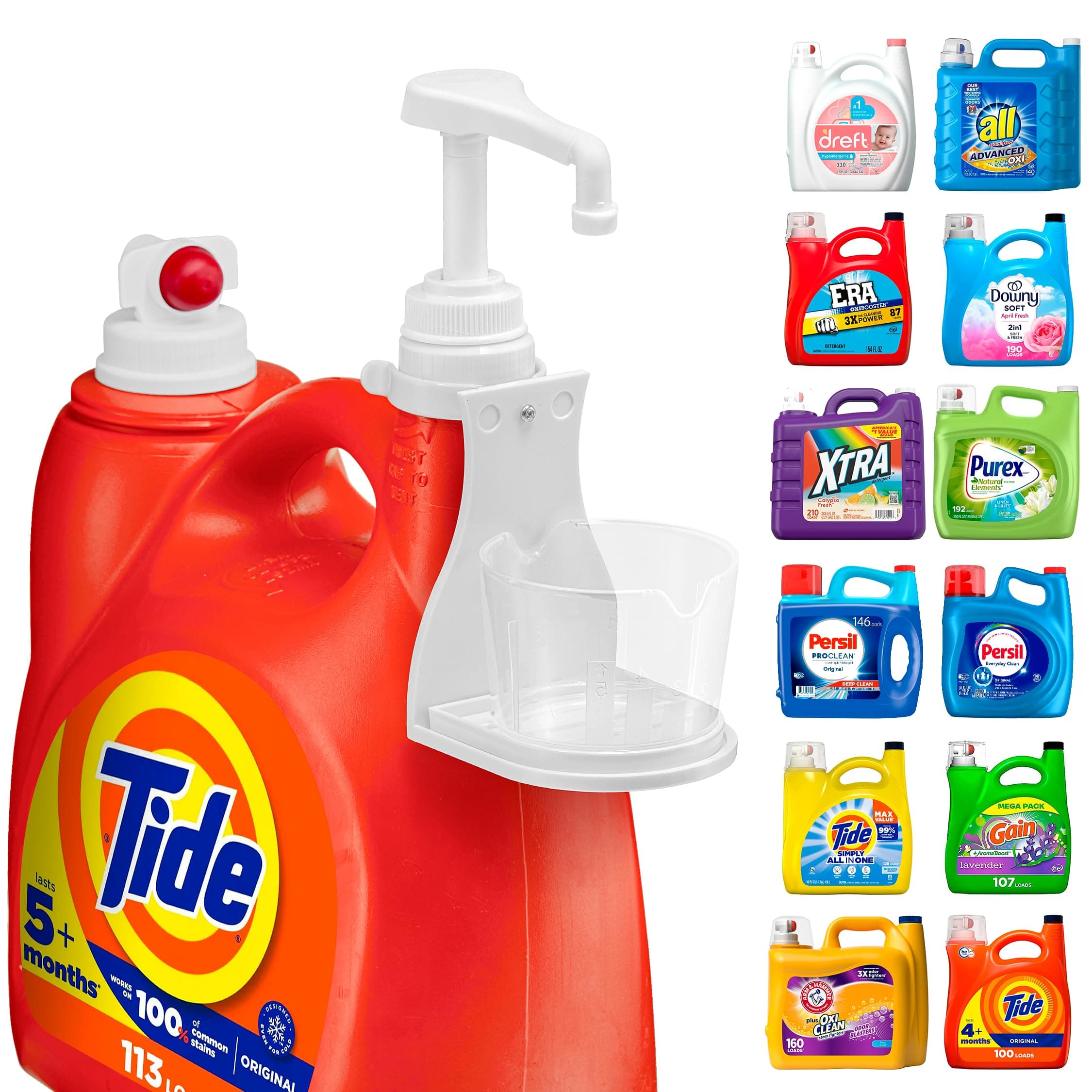Convenient Laundry Detergent Bottle Pump Dispenser with Cup Holder and Drip Tray, Made to Fit Tide, Arm & Hammer, Gain, All.