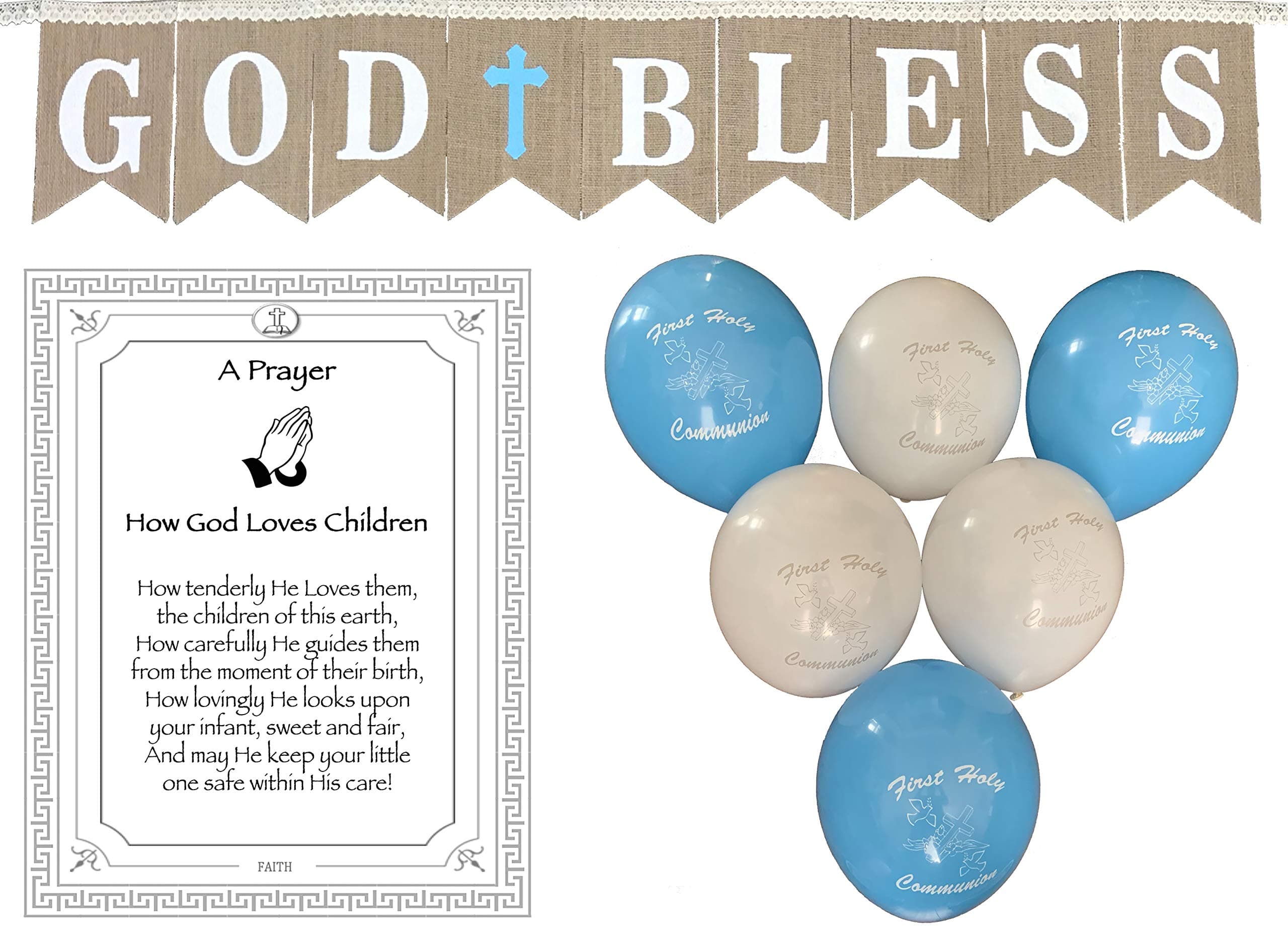 God Bless Laced Burlap Banner for Boys First Holy Communion, Christening, Baptism Banner, Catholic Decorations - Large Reusable 8X6 Banner with White Letters and Blue Cross with 6 Balloons