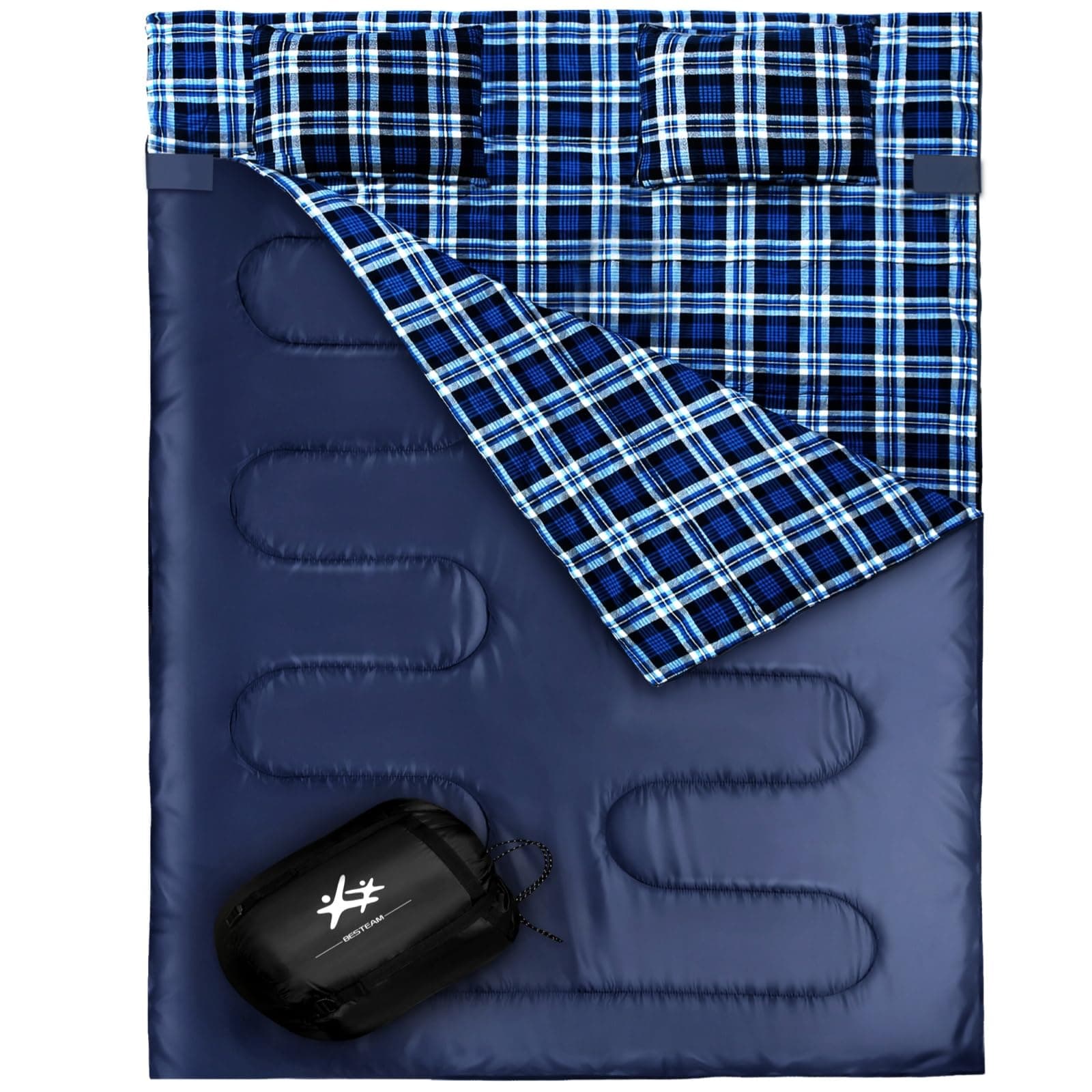 Double Sleeping Bag Flannel for Adults Kids, Queen Size for 2 Person with 2 Pillows, Warm & Cold Weather Sleeping Bag for Camping, Hiking, Waterproof Lightweight with Compression Sack