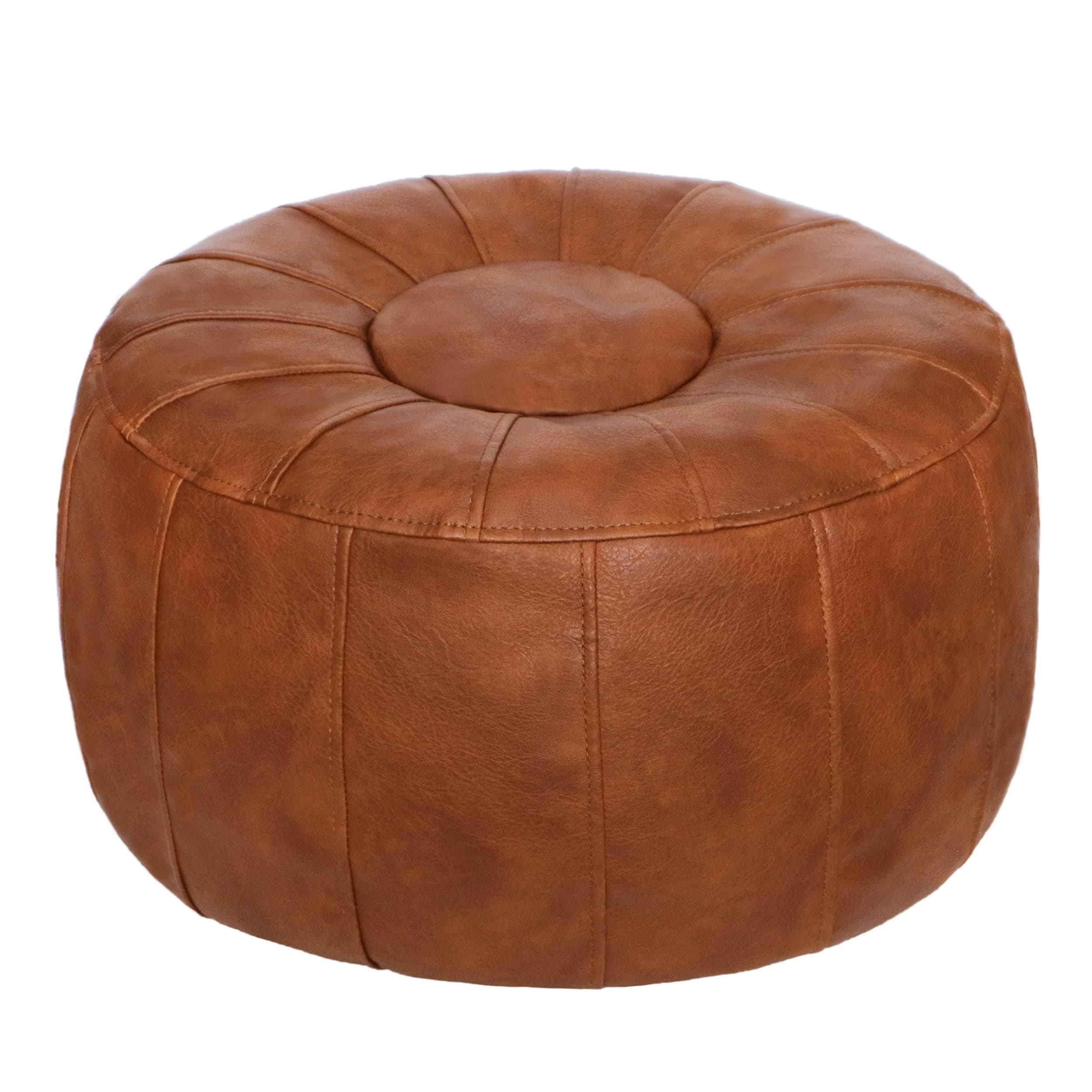 Thgonwid Unstuffed Moroccan Storage Pouf Foot Stool Ottoman Seat Handmade Faux Leather Bean Bag Floor Chair Foot Rest for Living Room, Bedroom or Balcony (Light Brown)