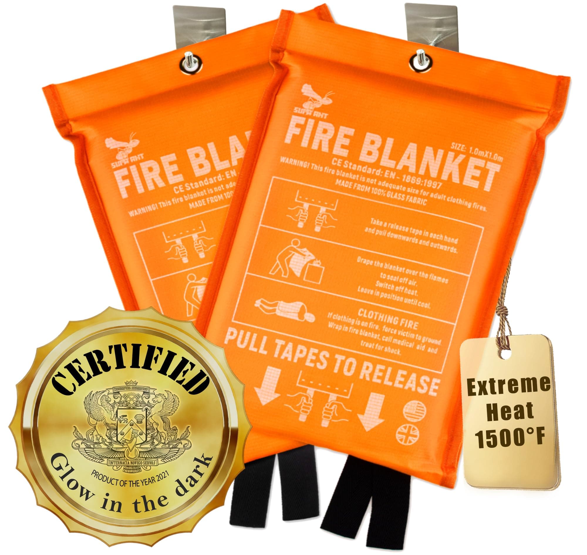 Fire Blanket - 1500F CE Certified Emergency Fire Blanket for Home and Kitchen. 500GSM Fabric & 0.5mm Thick - 100% Fiberglass Fire Extinguisher for Car,Warehouse Office - 2pc (40x40 inches) by Supa Ant