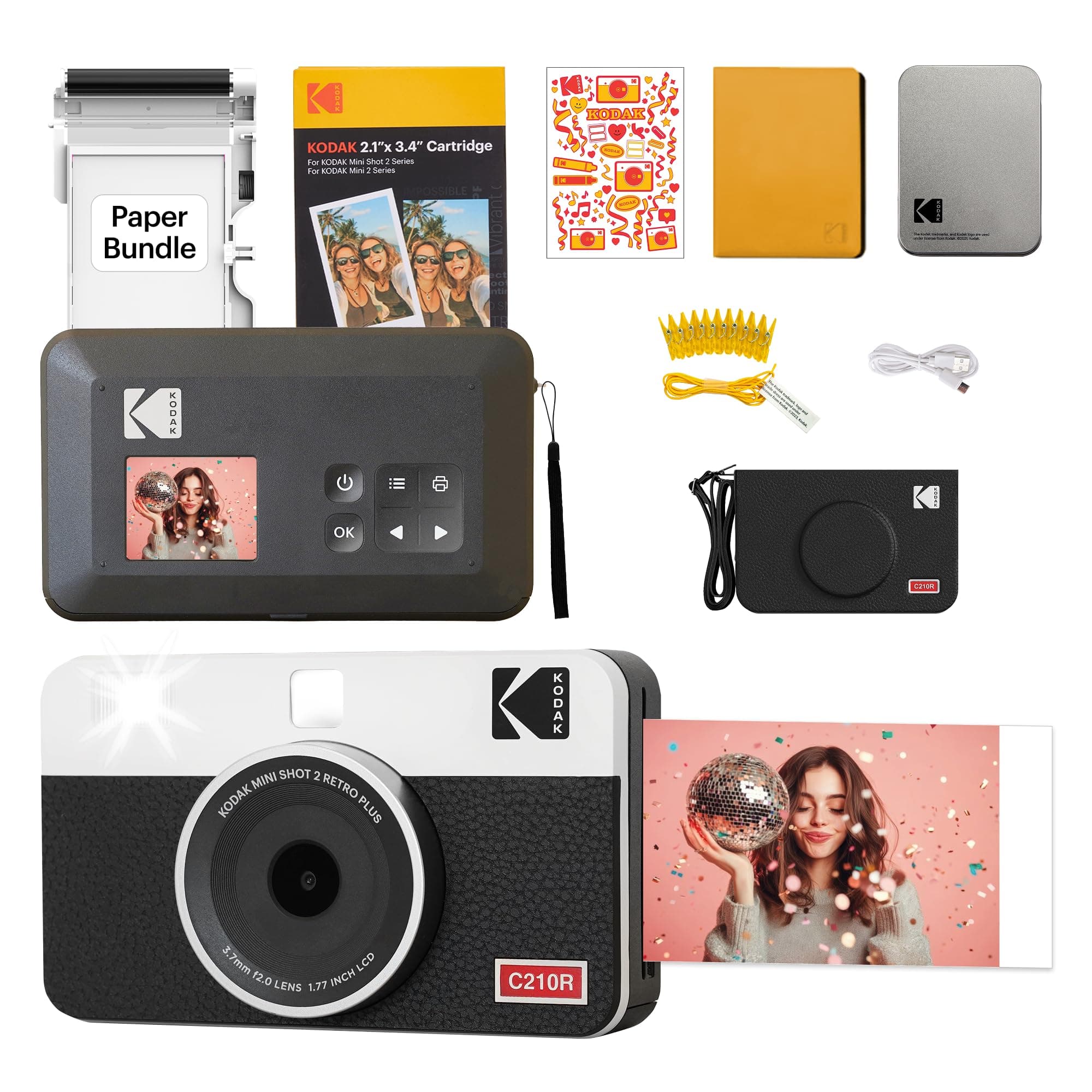 KODAK Mini Shot 2 Retro 4PASS 2-in-1 Instant Digital Camera and Photo Printer (2.1x3.4 inches) Initial 8 Sheets + 60 Sheets Gift Bundle, White