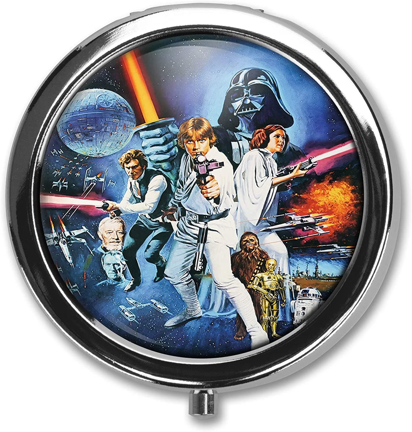 UVUBXT Wars Custom Round Silver Pill Box Pocket Medicine Tablet Holder Organizer Case, 3 Compartments, 2.1 x 2.1 x 0.2 Inch