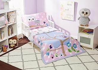 EVERYDAY KIDS 4 Piece Toddler Bedding Set - Owls - Soft 100% Cotton Percale - Includes Comforter, Flat Sheet, Fitted Sheet and Reversible Pillowcase