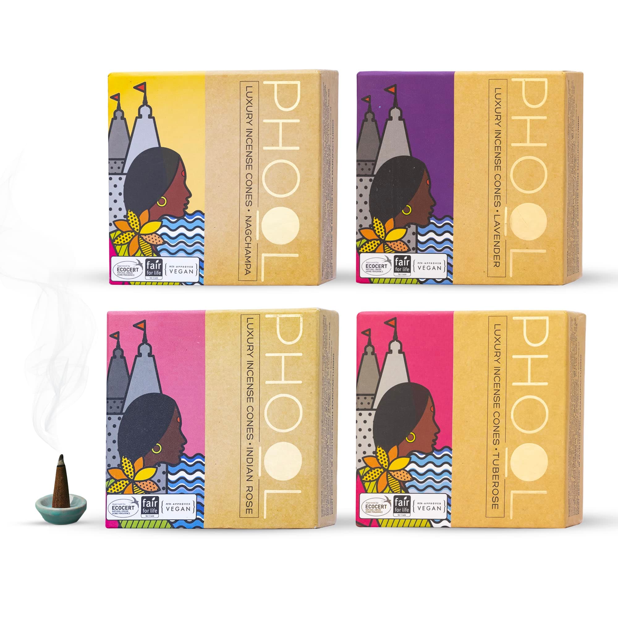 PHOOL LUXURY INCENSE Natural Cones (Bundle Pack of 4) I Special Pack Floral Fragrances - Indian Rose, Tuberose, Lavender, Nagchampa I 100% Organic Dhoop Cones I Chemical & Charcoal Free