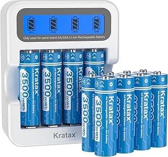 Kratax New Rechargeable Lithium AA Batteries 12 Count 1.5V Lithium ion Rechargeable AA Batteries with Low Battery Alert and 2H Smart Battery Charger, 3500mWh Long-Lasting for Household Office Devices