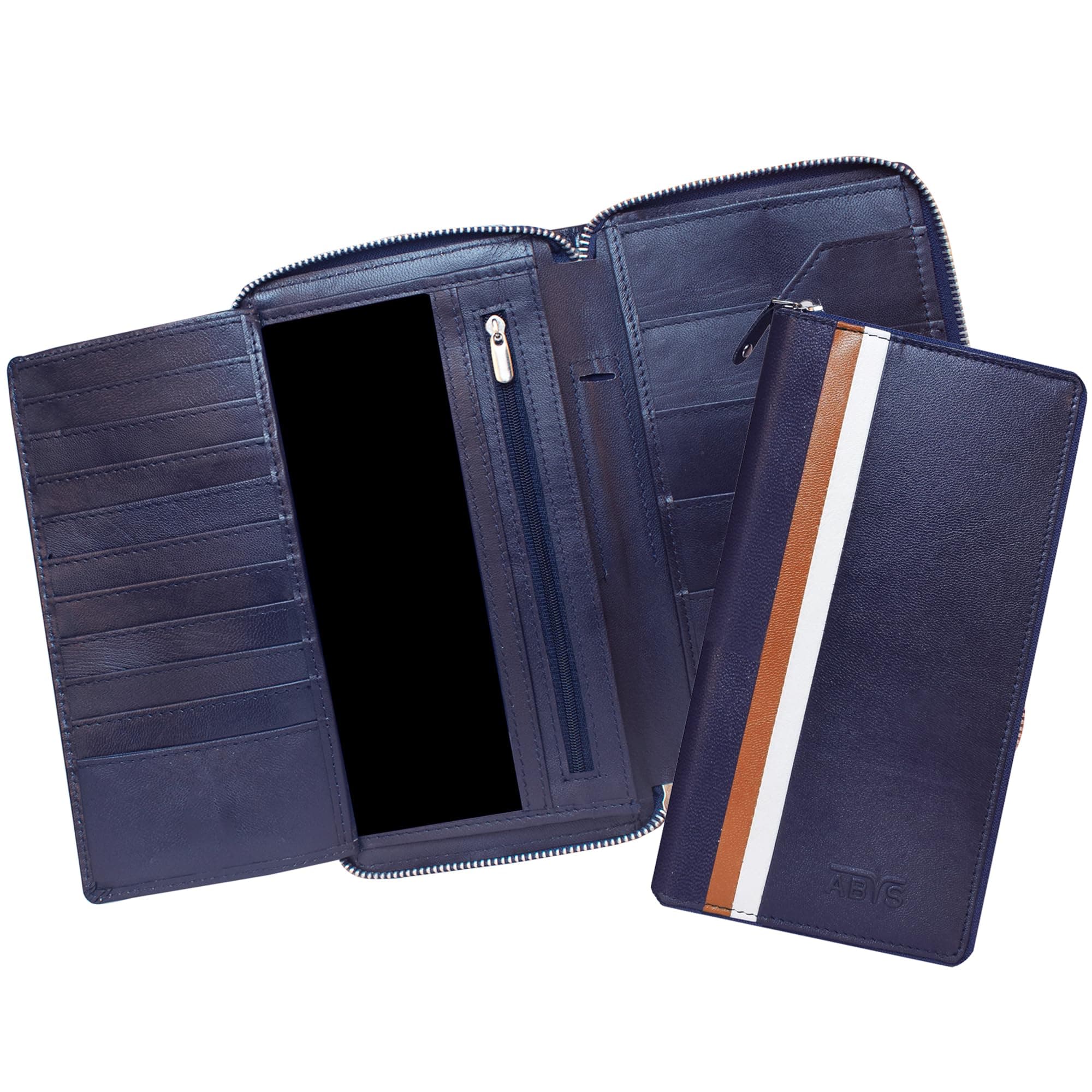 ABYSGenuine Leather RFID Protected Navy-Tan Passport Wallet||Cheque Book Holder with Zip Closure for Men and Women