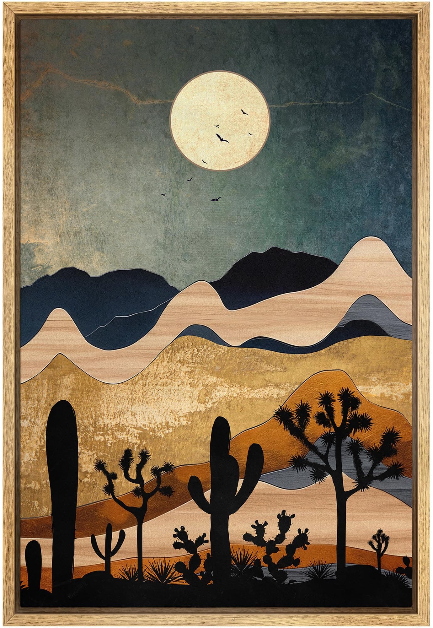 SIGNFORD Framed Canvas Print Wall Art Joshua Tree Cactus Moonlight Desert Nature Wilderness Illustrations Decorative Bohemian Rustic Mid-Century Modern Desert Landscape for Bedroom - 16"x24" Natural