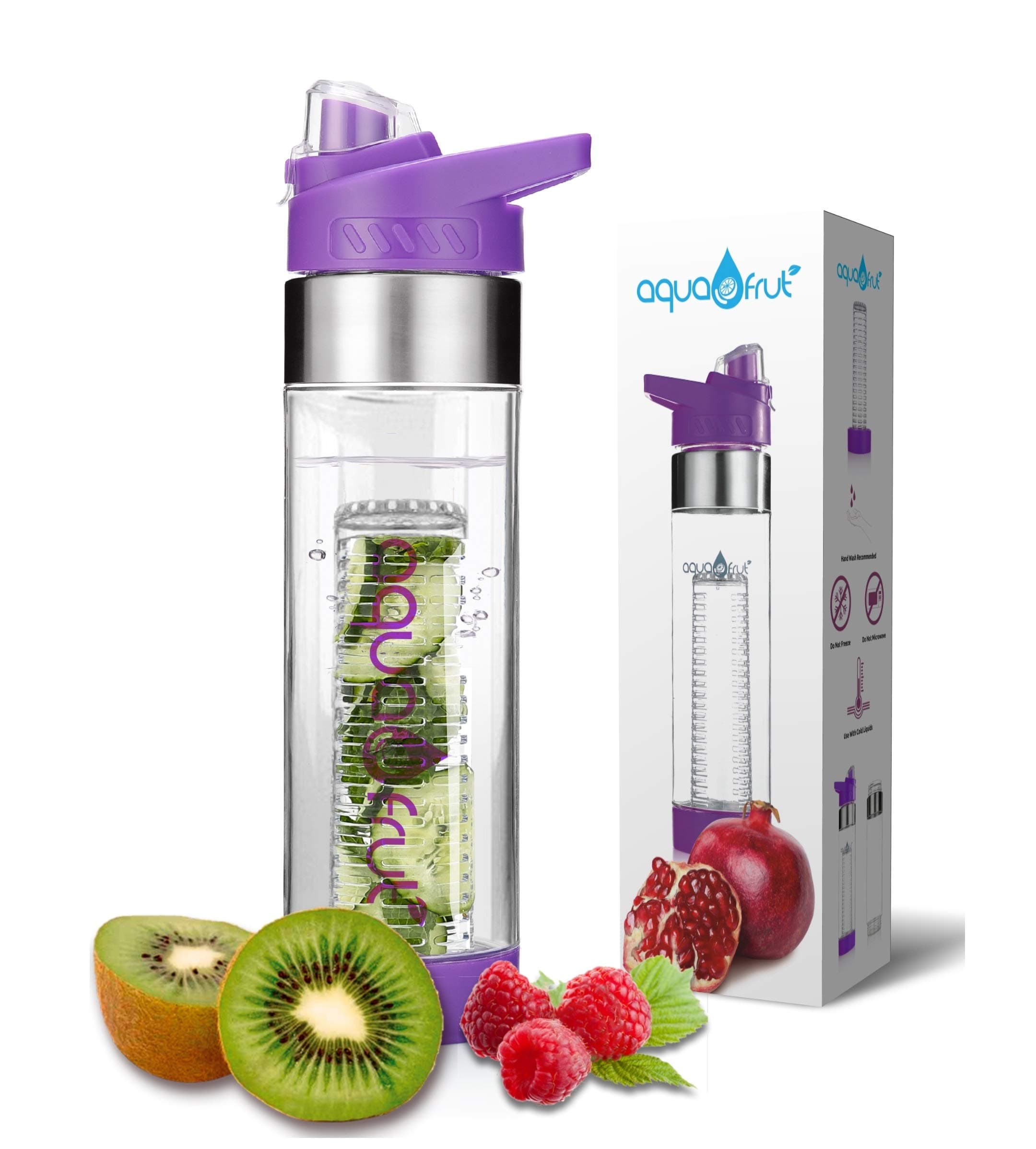 NEW AquaFrut Bottom Loading Fruit Infuser Water Bottle - BPA Free Tritan Plastic - Leak Proof - 24 OZ - Infusion Recipe eBook (Purple)