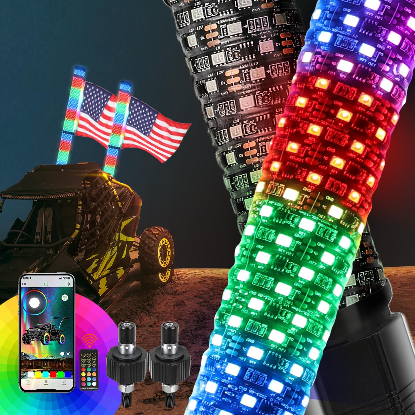 2FT Fat Spiral LED Whip Lights with Remote and APP Control, 300 Colors & 200 Modes RGB Chasing/Dancing Lighted Thick Antenna Applicable for RZR Can-Am Polaris UTV ATV Pickup Trucks, 2PCS (PRO, 2FT)