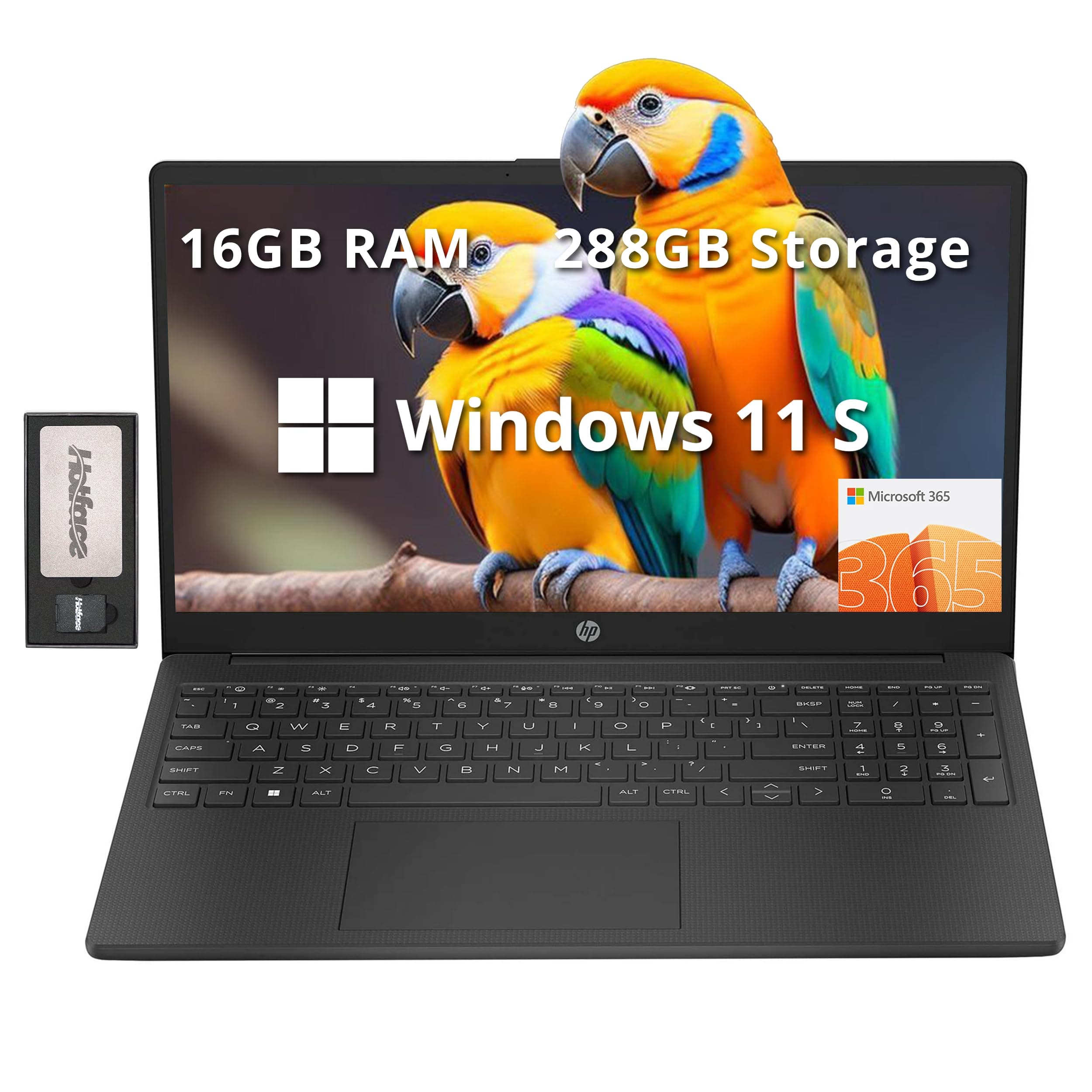 HP 15.6" HD Laptop, Intel N200 Processor, 16GB RAM, 288GB Storage(128GB SSD+160GB Docking Station Set), Intel UHD Graphics, Numeric Keypad, HD Webcam, Wi-Fi 6, 1 Year Office 365, Win 11 S, Black