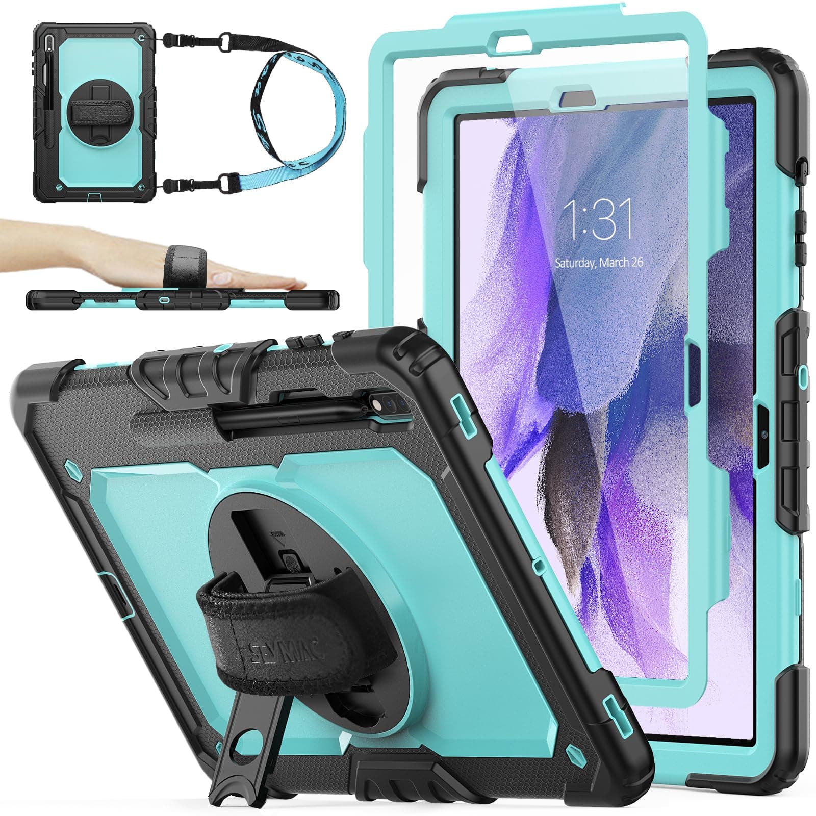 SEYMAC stock Case for Samsung Galaxy Tab S7 FE / S8 Plus 5G Case 12.4'' with Screen Protector Pencil Holder [360 Rotating Hand Strap] &Stand, Drop-Proof, SkyBlue/Black