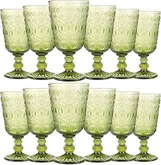 Wine Glasses Set of 12 Vintage Goblet 9 oz Vintage Colored Glass Goblet Beverage Stemmed Glass Cups Romantic Embossed Glassware for Wedding Party Holidays Anniversary (Green)