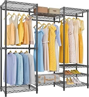 V5 Portable Closet Wardrobe Heavy Duty Clothes Rack, Freestanding Closet Metal Clothing Rack with 4 Hang Rods & 8 Shelves, Adjustable Custom Closet Rack, 56.7" Lx15.7 Wx76.4 H, Black (Medium)