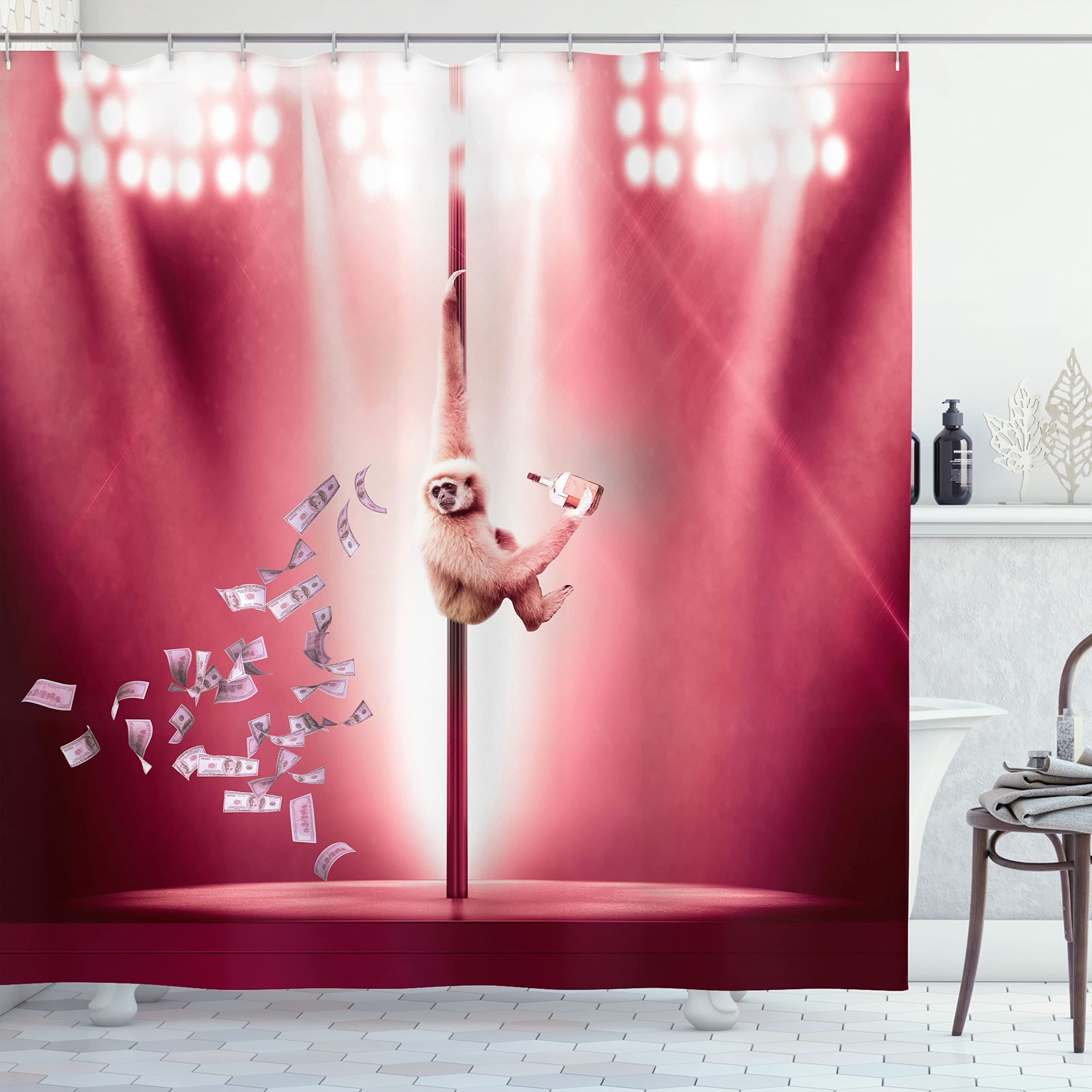 Ambesonne Funny Shower Curtain, Monkey on a Pole Whiskey Pastel Colored Composition Whimsical Motif, Cloth Fabric Bathroom Decor Set with Hooks, 69" W x 70" L, Burgundy Pink