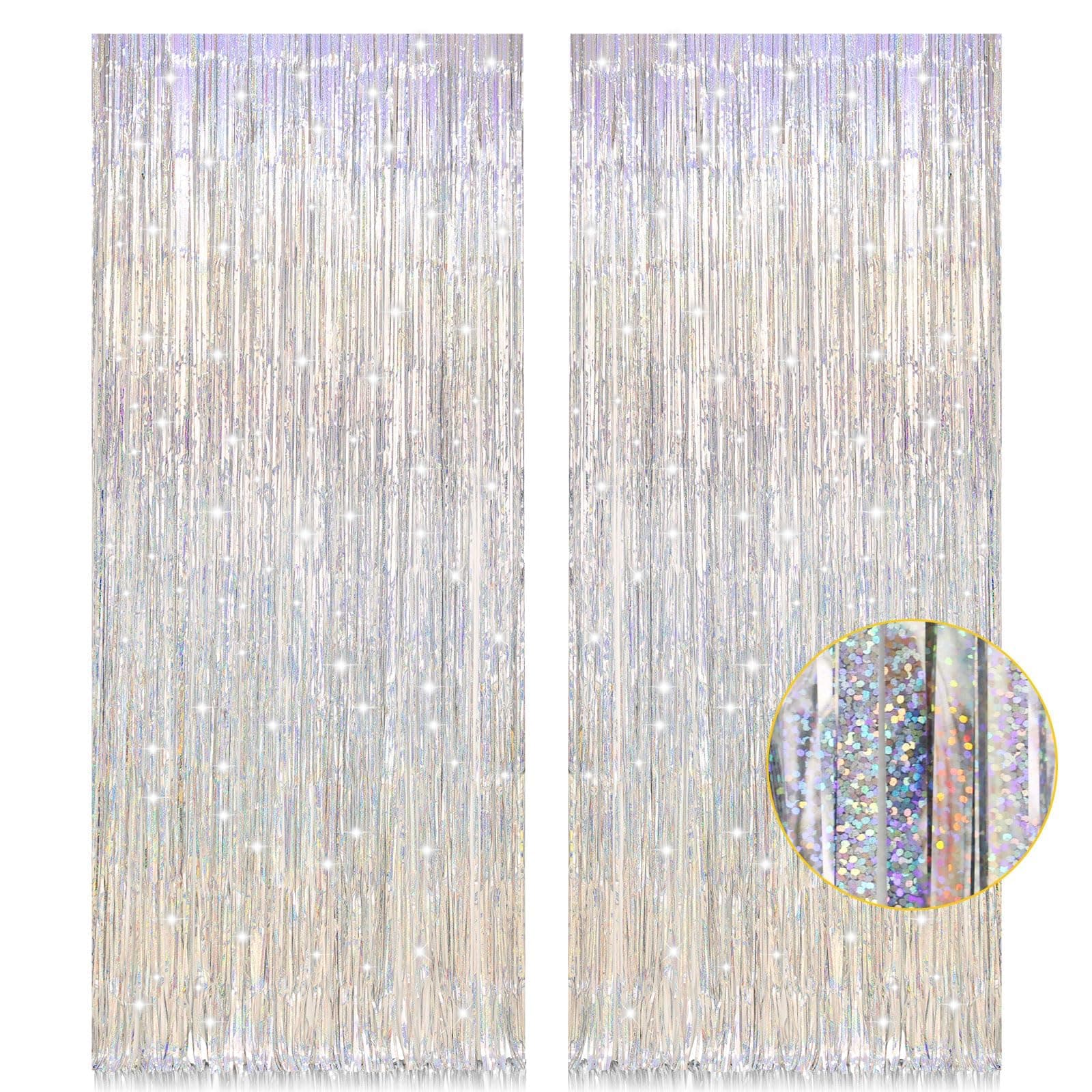 2pcs 3.2 x 8.2ft Glitter Silver Tinsel Curtain Foil Fringe Curtain Party Streamers Backdrop Aluminum Foil Flow Curtain Background for Birthday Party Wedding Bachelorette Christmas Decorations