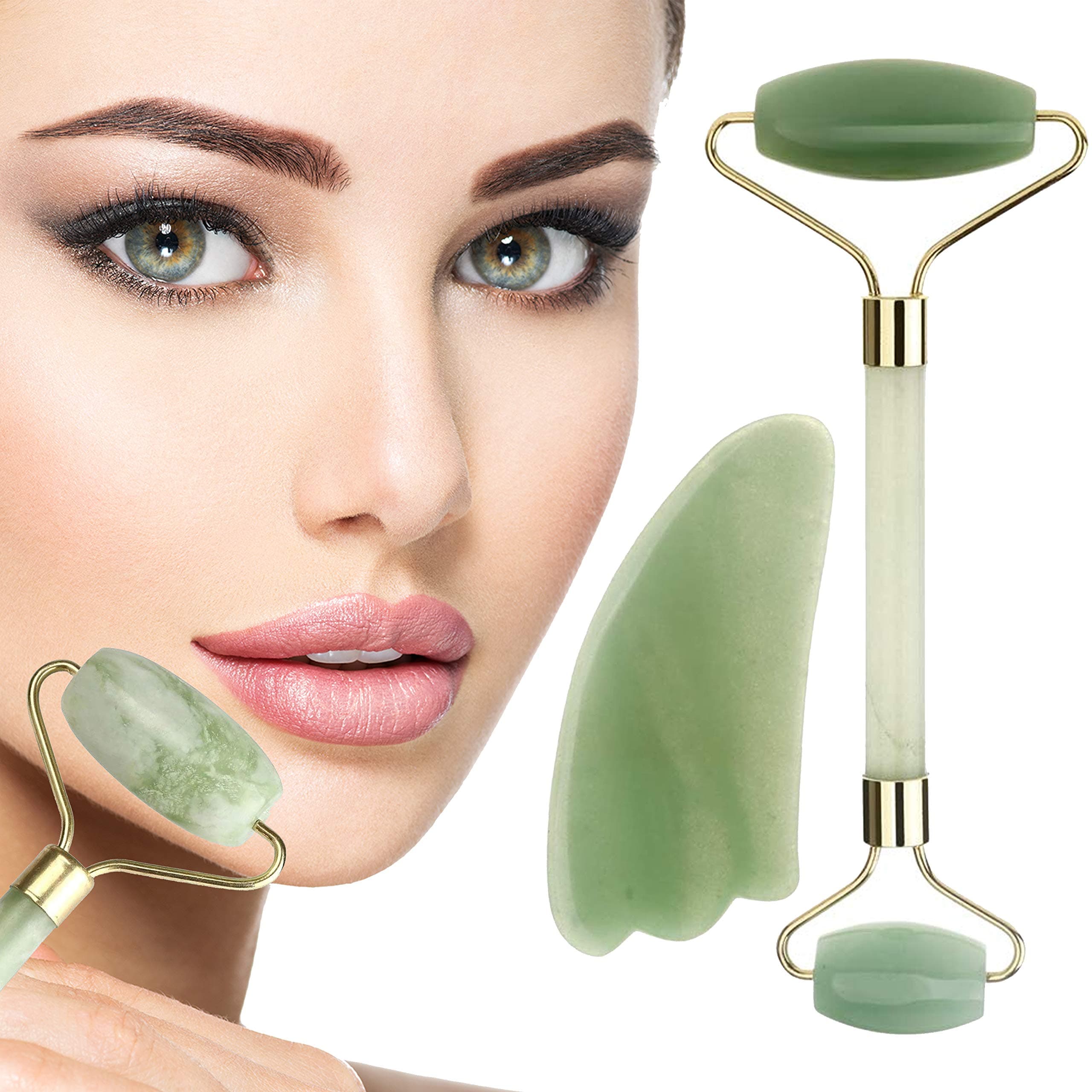 Anti-Aging Jade Roller for Face & Neck + Gua Sha Stone Gift Set – Himalayan Jade Facial Massage Roller Brightens & Evens Skin, Fights Wrinkles – 2 Jade Rollers in 1 for Firmer,Younger Looking Skin