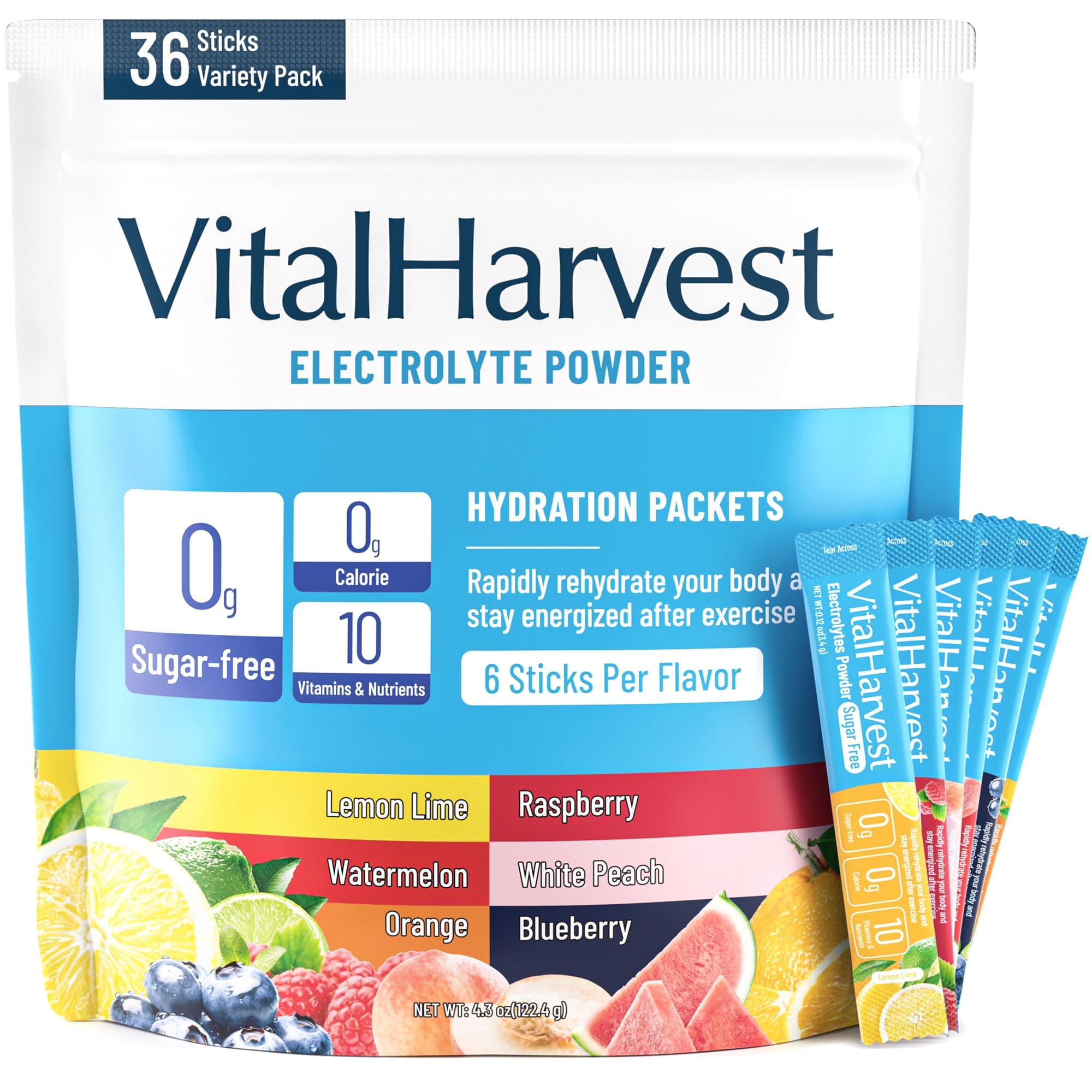 36 Sticks Electrolytes Powder Packets 6 Flavors Sugar Free Hydration Packets Electrolyte Liquid Daily IV Drink Mix with Lemon Lime, Watermelon, Orange, Raspberry, White Peach, Blueberry
