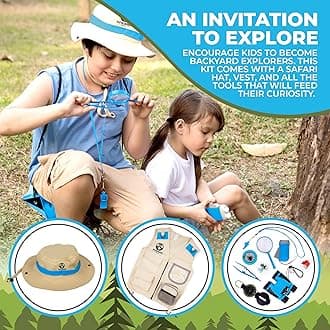 Explorer Costume Kids with Safari Vest & Hat – Kids Explorer Kit & Bug Hunting Kits for Children with Binoculars, Bug Catcher, Magnifying Glass Outdoor Toys for 3+ Year Old Boys Girls