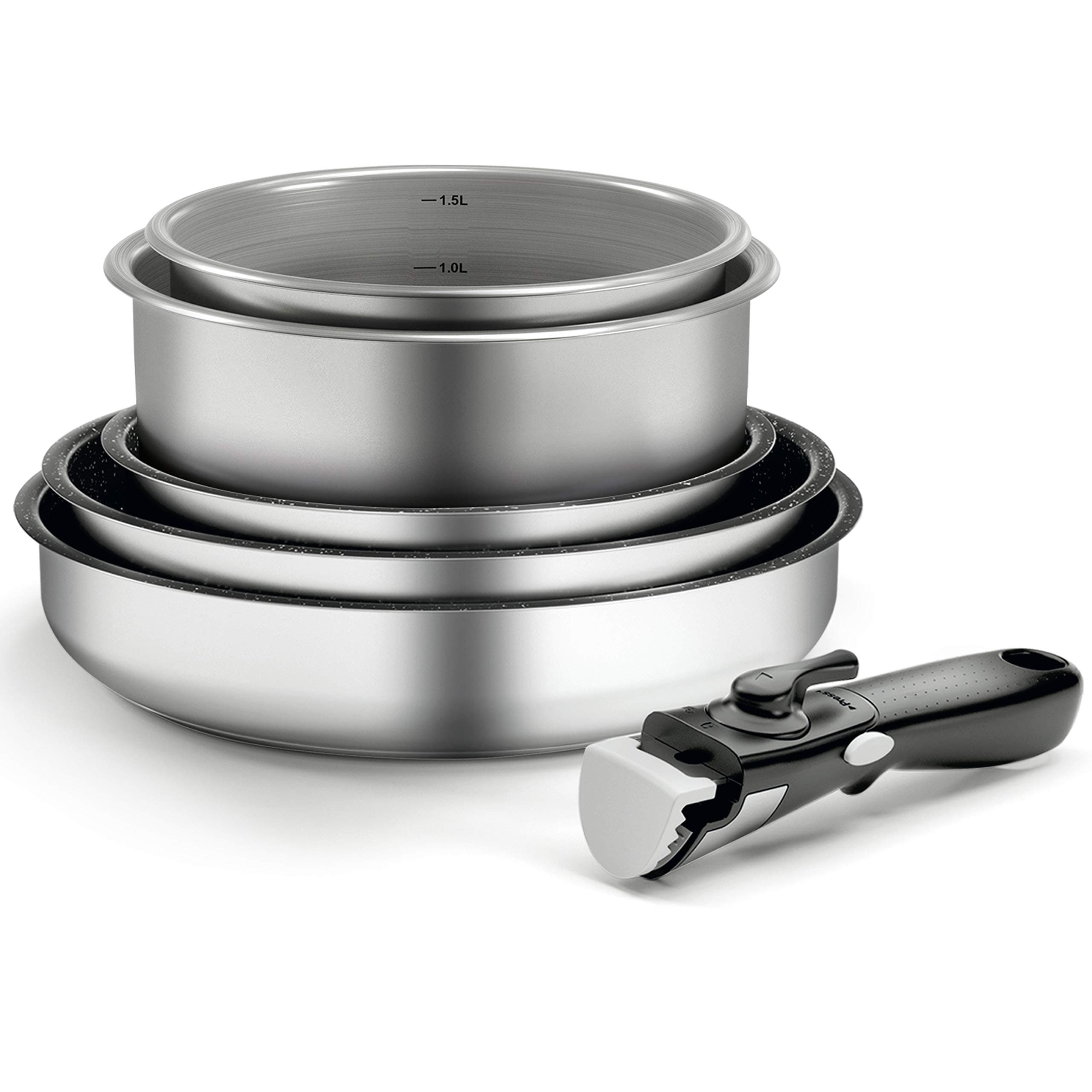 Backen 199906. 6-Piece cookware Set. 3 Non-Stick Frying Pans. 2 saucepans. 1 Removable Handle. Stainless Steel. Induction. Dishwasher Safe. 5-Year Warranty.