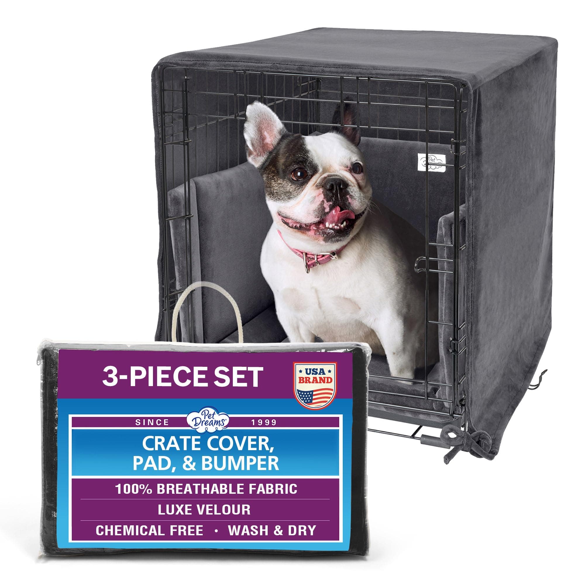 3-Piece Set Includes Dog Crate Cover, Dog Mat & Bumper Pad- Washable Kennel Bedding fits iCrate Cages 24, 30, 36, 42 Inch (Grey, Large, 36")