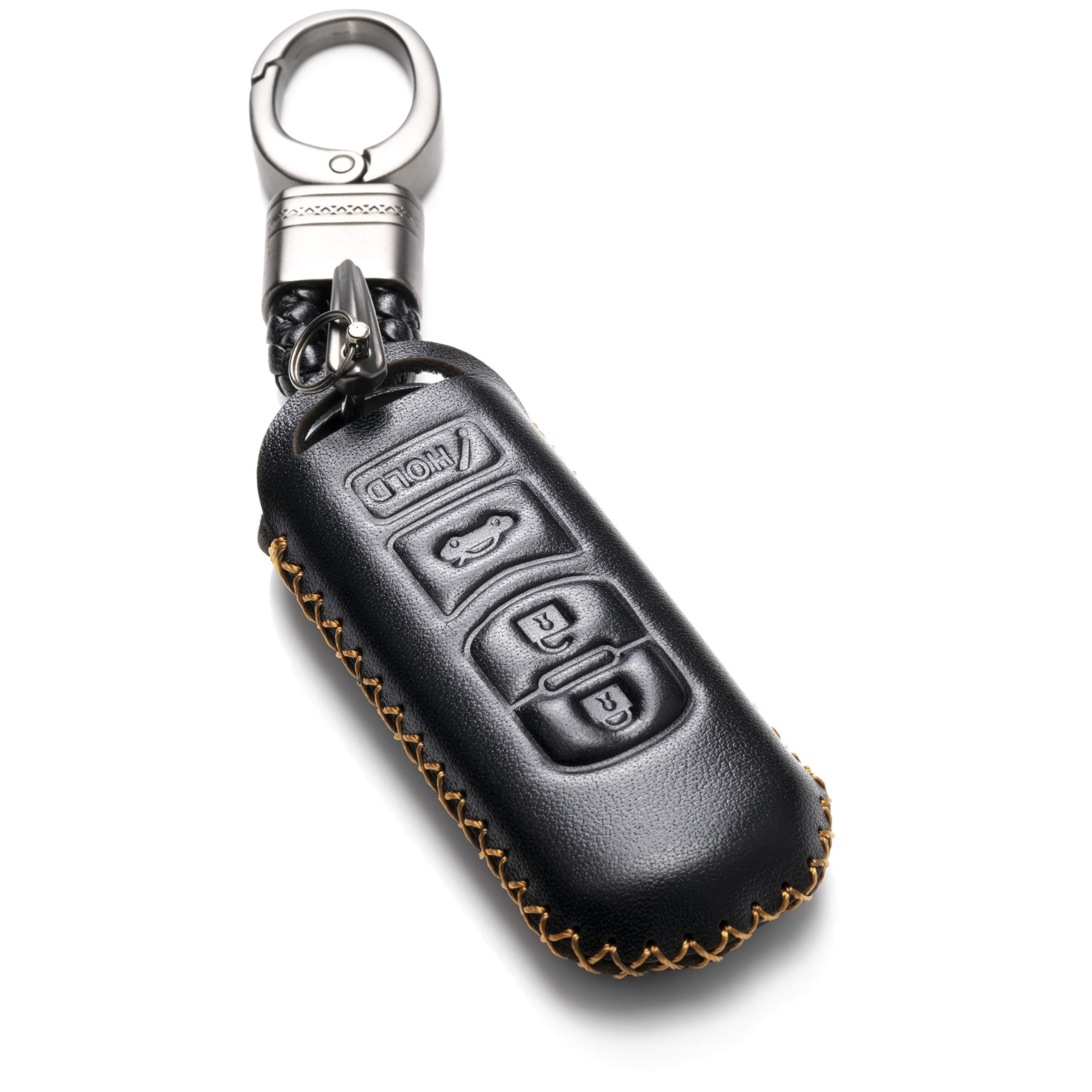 Vitodeco Genuine Leather Smart Key Keyless Remote Entry Fob Case Cover with Key Chain for Mazda 3, 6, CX-3, CX-5, CX-9, MX-5 MIATA (4 Buttons, Black)
