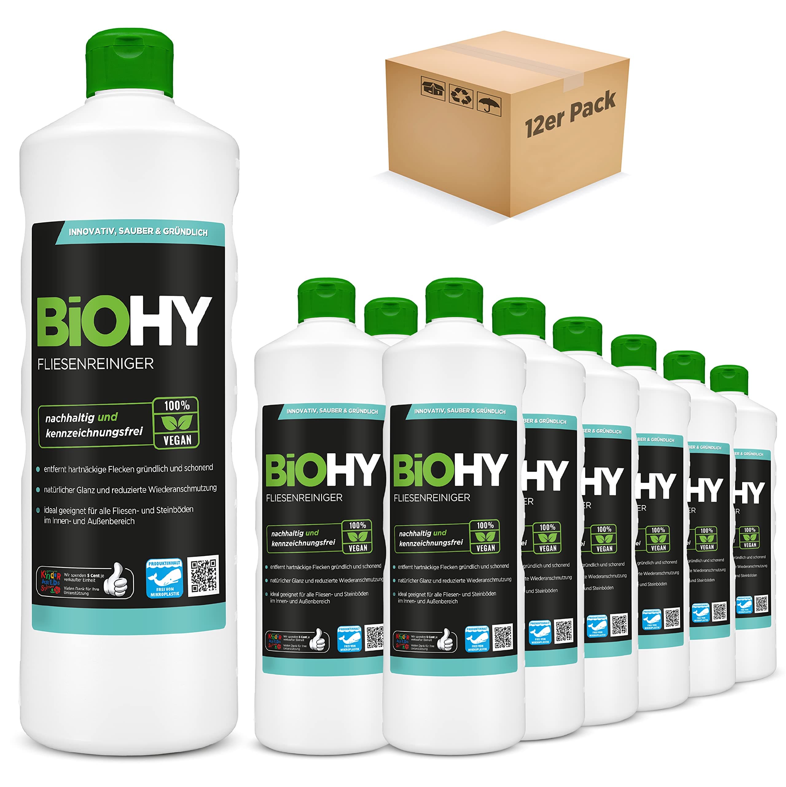 BIOHYTile Cleaner (12 x 1l Bottle) | specially developed for stone & tile floors | leaves a dirt-repellent shiny layer | effortlessly removes any kind of dirt (Fliesenreiniger)