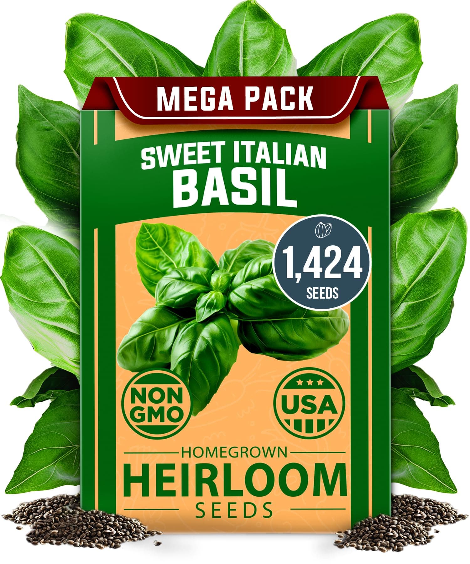 HOME GROWN Non GMO Italian Basil Seeds Bulk Pack 1,424 Sweet Large Leaf Basil Seeds for Planting and Heirloom Herb Seeds for Planting Indoors or Outdoors (Ocimum basilicum)